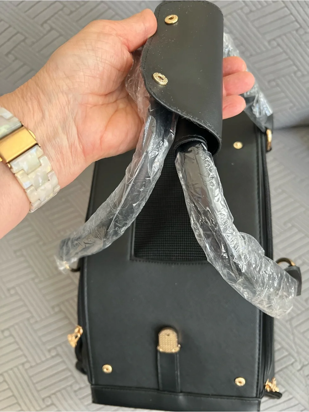 Black Small Pet Carrier Bag with Gold Accents